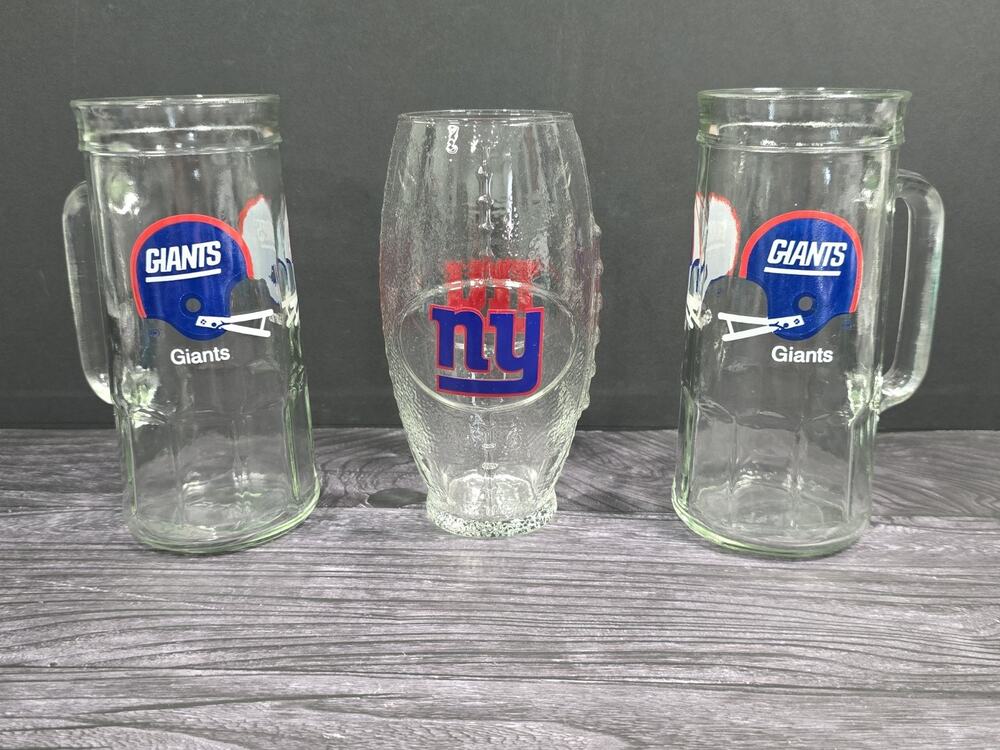 VTG NY Giants Glass Barware Set of 3 - 1980s Fisher Peanut Mugs & 1992 Football